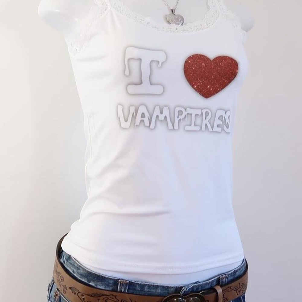 y2k i heart vampires lace cami coquette graphic white [m] - Picture 2 of 2